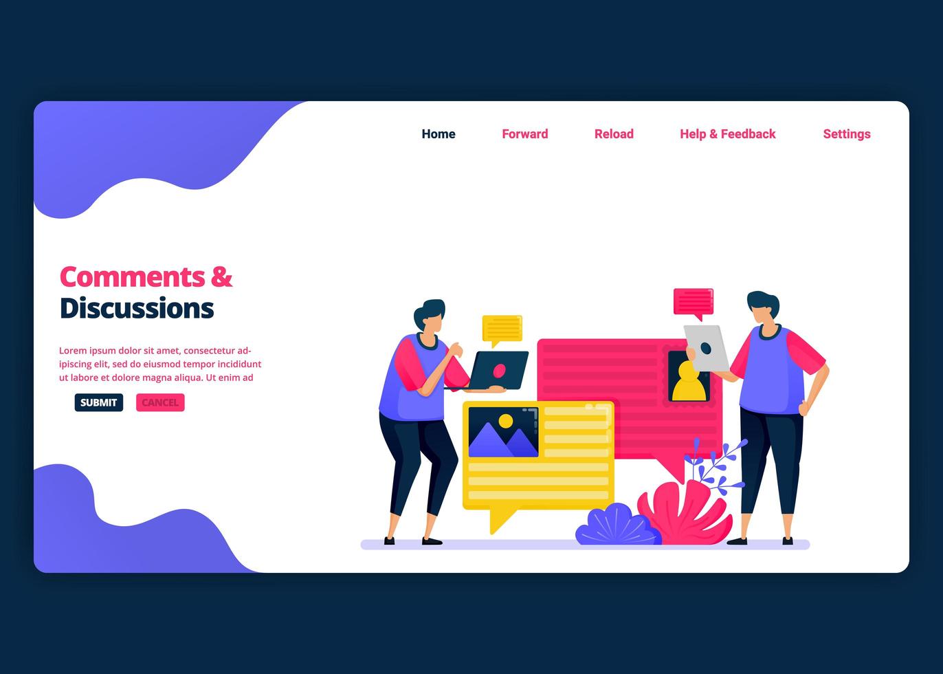 modèle de bannière de dessin animé de vecteur pour discuter et commenter avec des collègues sur le travail. modèles de conception créative de page de destination et de site Web pour les entreprises. peut être utilisé pour le Web, les applications mobiles, les affiches, les dépliants