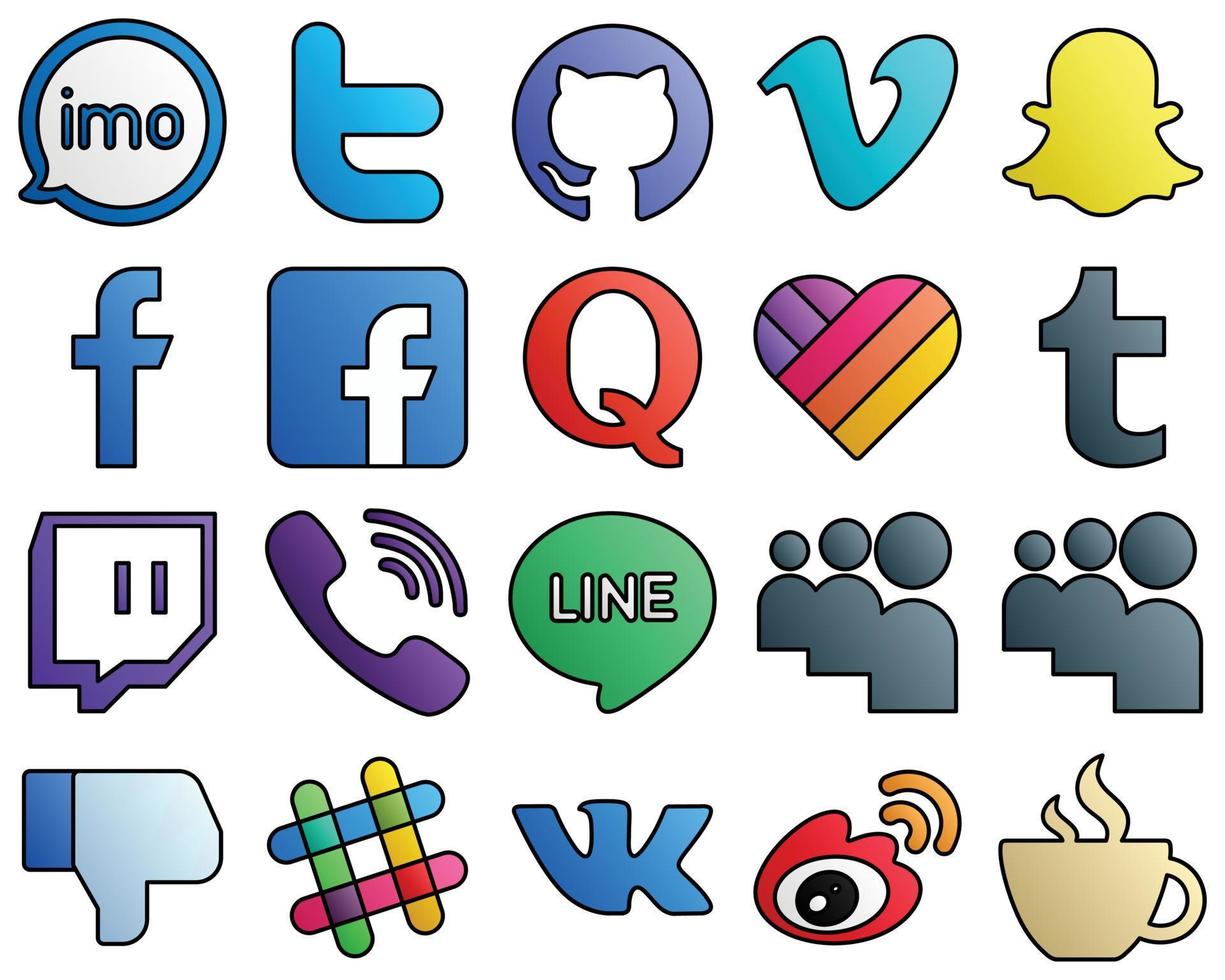 paquet d'icônes de médias sociaux de style ligne remplie. comme. vidéo et question 20 icônes polyvalentes vecteur