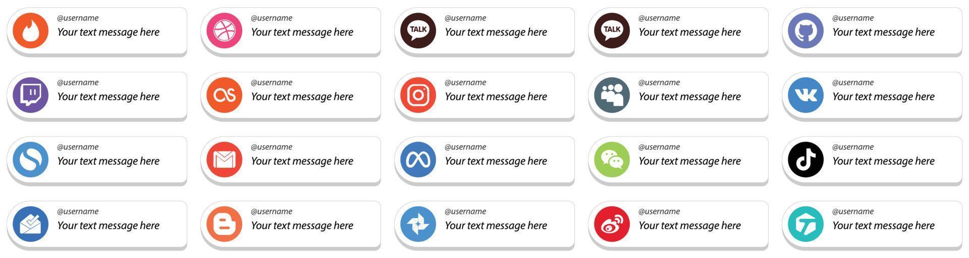 20 style de carte unique suivez-moi des icônes de médias sociaux avec un message personnalisable tel que wechat. méta. icônes mail et gmail. accrocheur et haute définition vecteur