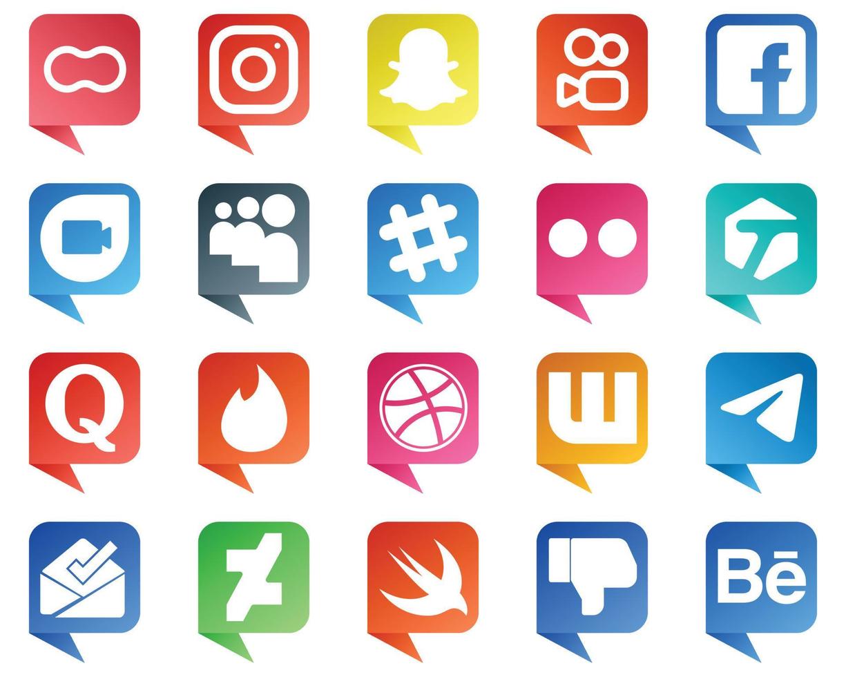 20 icônes de marque de médias sociaux de style bulle de chat telles que quora. Yahoo. Facebook. icônes flickr et myspace. moderne et de haute qualité vecteur