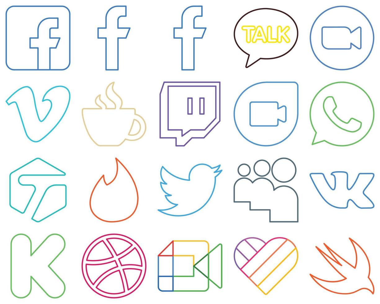 20 icônes de médias sociaux aux contours colorés innovants et uniques tels que Tinder. WhatsApp. duo vimeo et google minimaliste et personnalisable vecteur