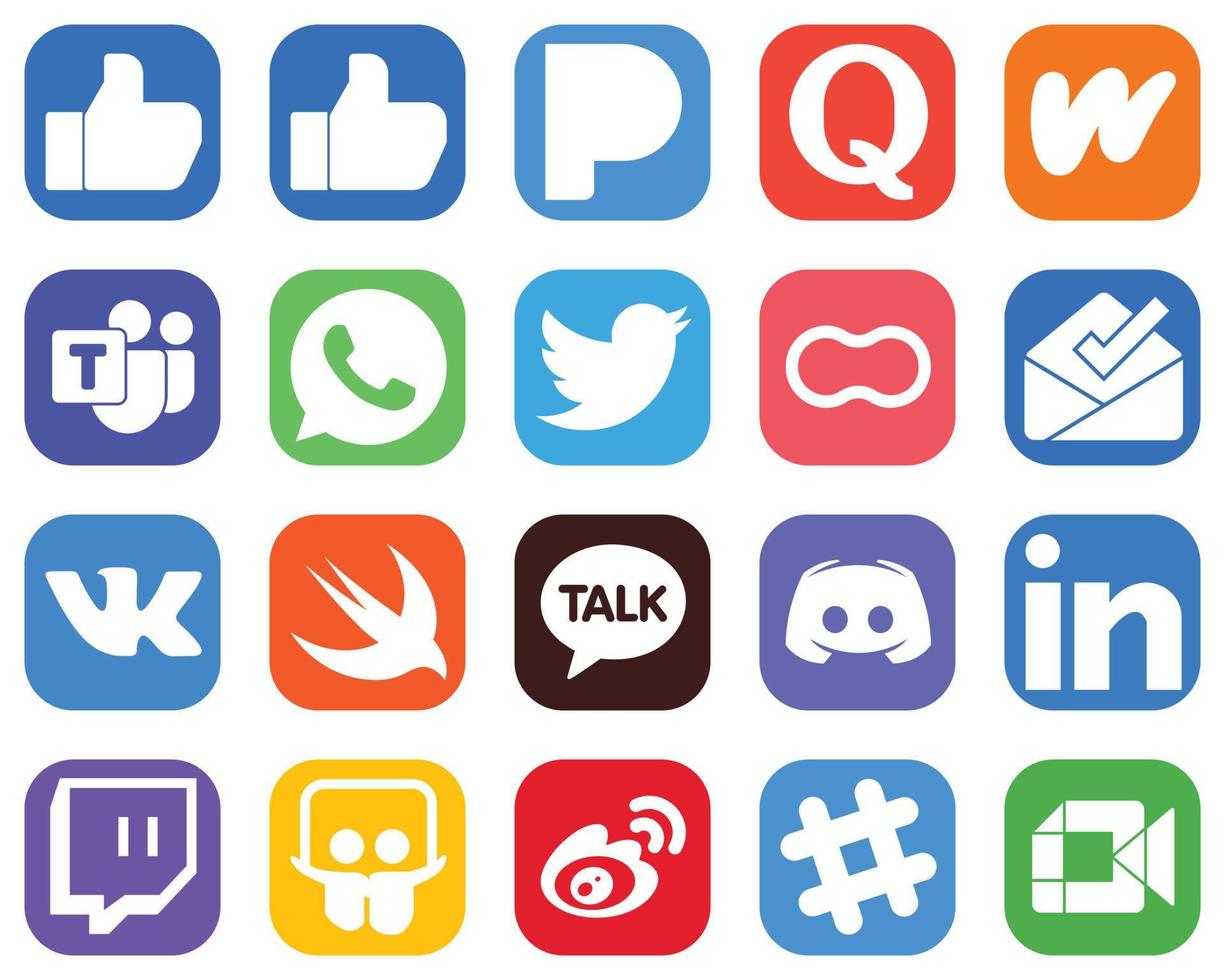 20 icônes de médias sociaux professionnels tels que Swift. boîte de réception. femmes et icônes d'arachide. ensemble d'icônes de dégradé vecteur