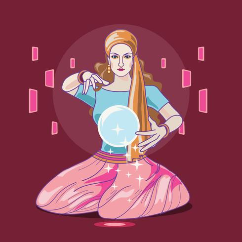 Illustration de la Fortune Teller Femme lisant l'avenir sur une boule de cristal magique vecteur