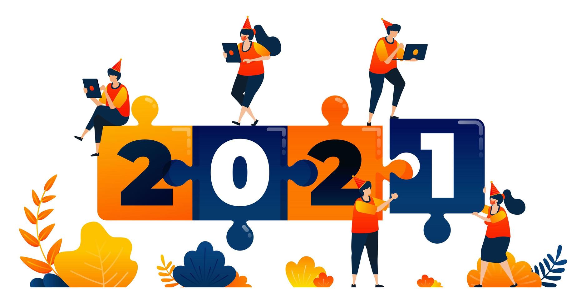 nouvelles années de 2020 à 2021 avec le thème du jeu de puzzle, du leadership et du travail d'équipe. le concept d'illustration vectorielle peut être utilisé pour la page de destination, le modèle, l'interface utilisateur, le web, l'application mobile, l'affiche, la bannière, le site Web, le dépliant vecteur