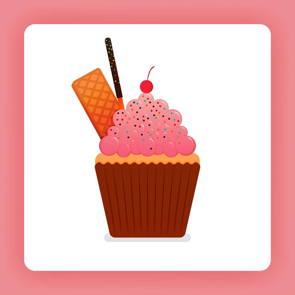 illustration de cupcake avec crème fouettée aux fraises avec garniture de bonbons saupoudrée colorée, gaufres, bâton de chocolat. la conception peut concerner des livres, des dépliants, des affiches, des sites Web, des sites Web, des applications, des pages de destination, des livres de cuisine vecteur