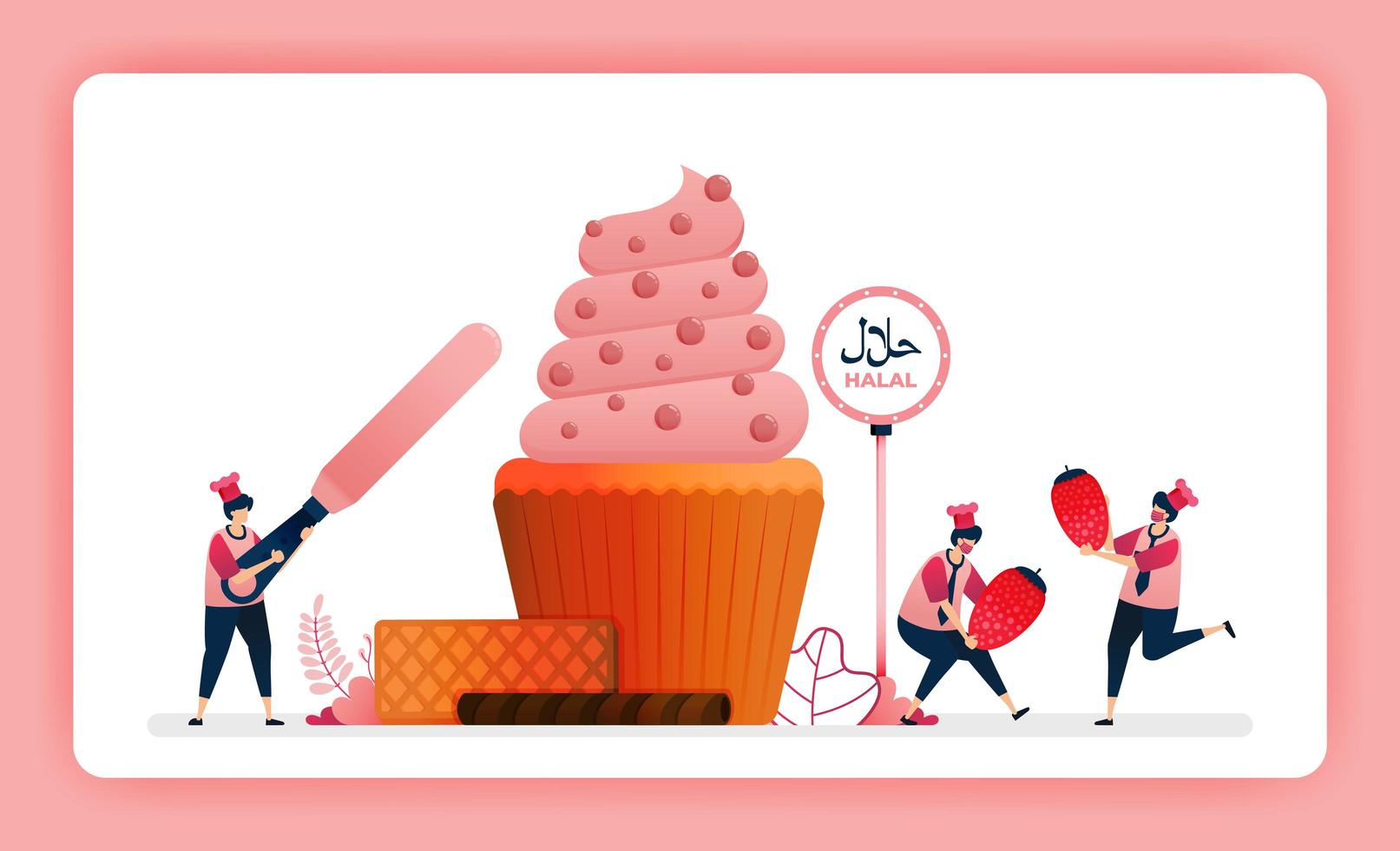 illustration de menu alimentaire halal de cupcake aux fraises sucrées faire des muffins décorés de glaçage tourbillon et de cacao. la conception peut être utilisée pour le site Web, le Web, la page de destination, la bannière, les applications mobiles, l'interface utilisateur, l'affiche, le dépliant vecteur