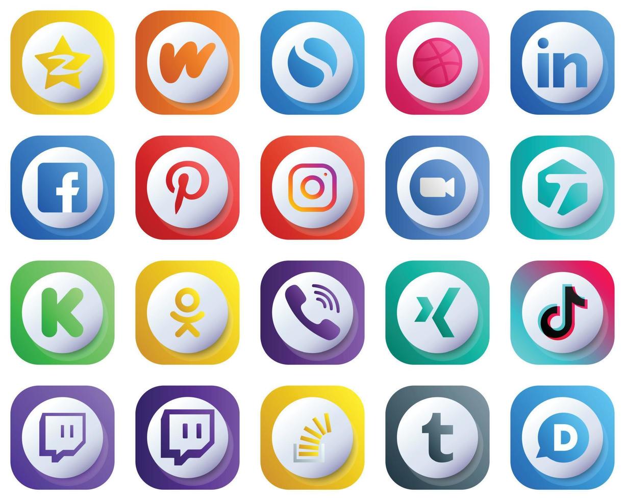 icônes de dégradé 3d mignonnes pour les principaux packs de 20 médias sociaux tels que la vidéo. professionnel. icônes méta et pinterest. moderne et haute résolution vecteur