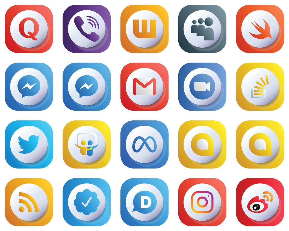 20 icônes de médias sociaux haute résolution à gradient 3d mignonnes telles que la vidéo. Messager. icônes de zoom et d'e-mail. de haute qualité et élégant vecteur