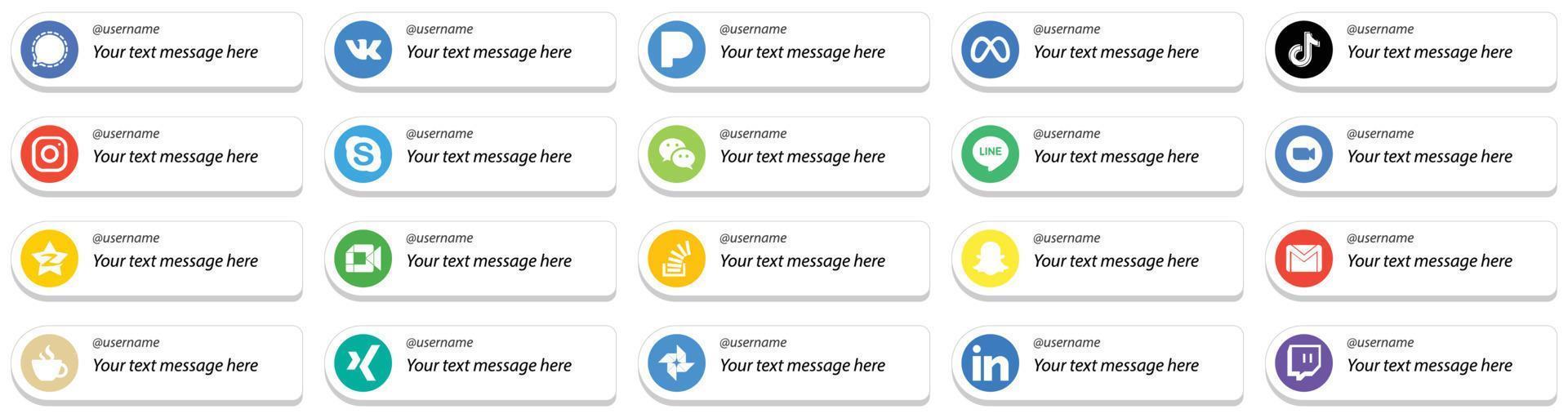 20 style de carte simple suivez-moi des icônes de médias sociaux avec un message personnalisable tel que wechat. Skype. icônes douyin et instagram. polyvalent et de haute qualité vecteur