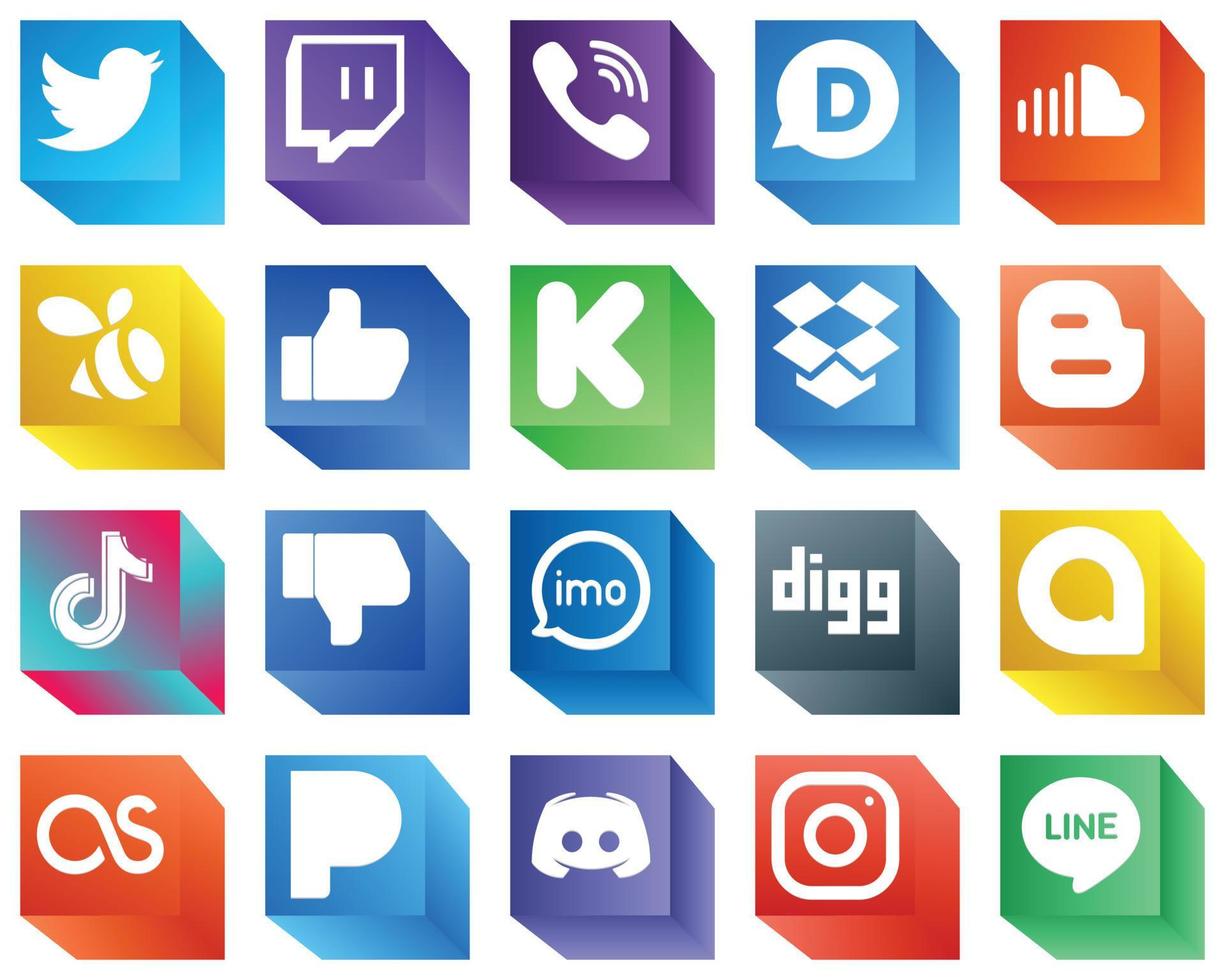 Ensemble d'icônes de marque de médias sociaux 3d pack de 20 icônes telles que blog. boîte de dépôt. du son. financement et icônes facebook. entièrement personnalisable et professionnel vecteur