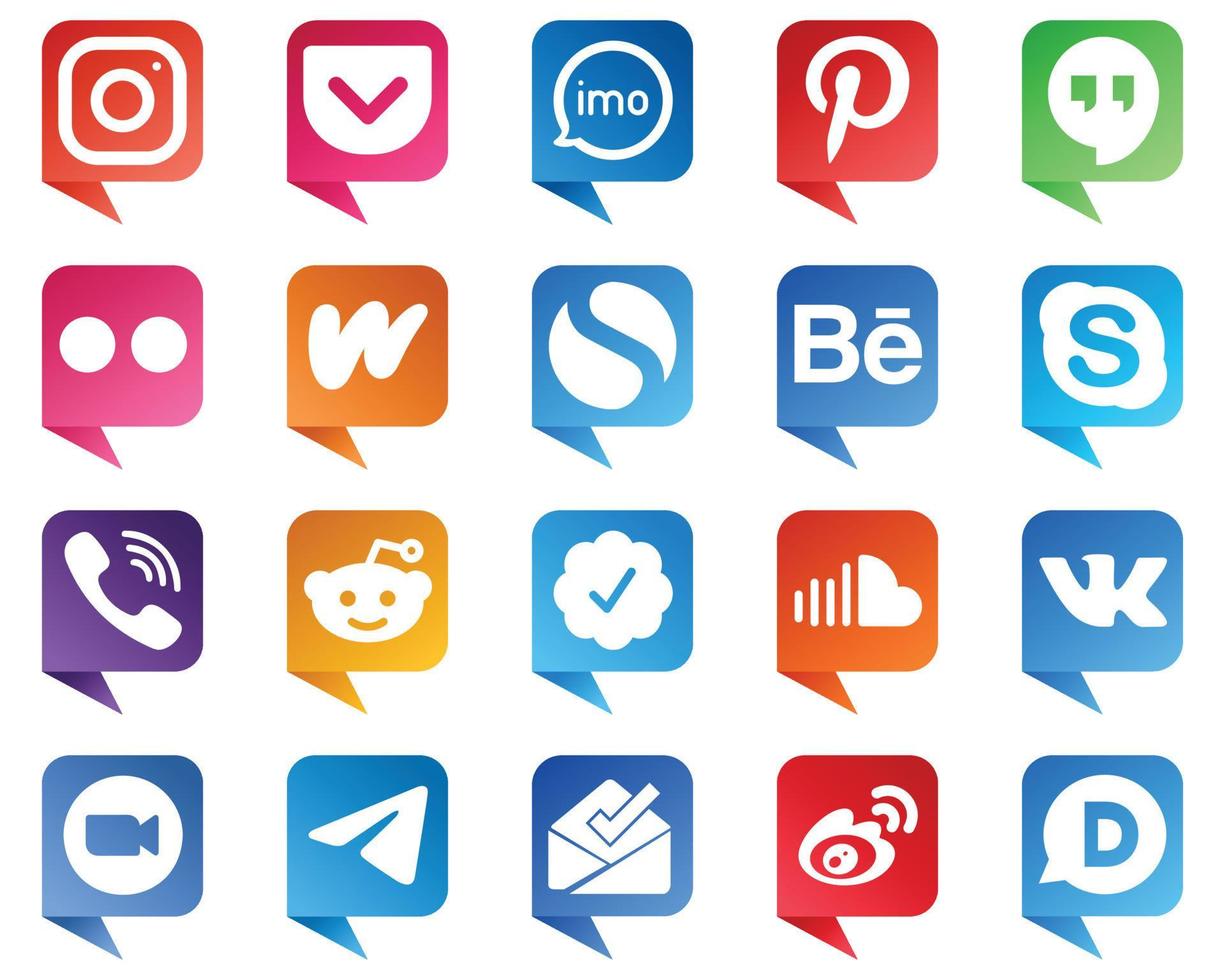 pack de 20 icônes de marque de médias sociaux de style bulle de chat telles que le chat. behance. pinterest. icônes simples et wattpad. entièrement modifiable et unique vecteur