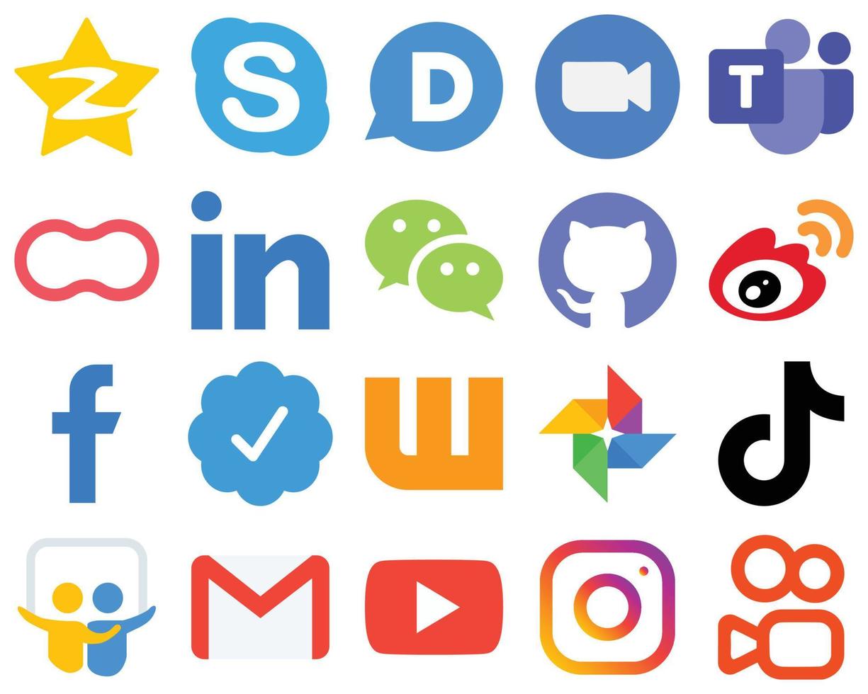 20 icônes plates de médias sociaux pour un wechat de conception Web contemporain. LinkedIn. Rencontre. femmes et icônes d'arachide. jeu d'icônes dégradé minimaliste vecteur