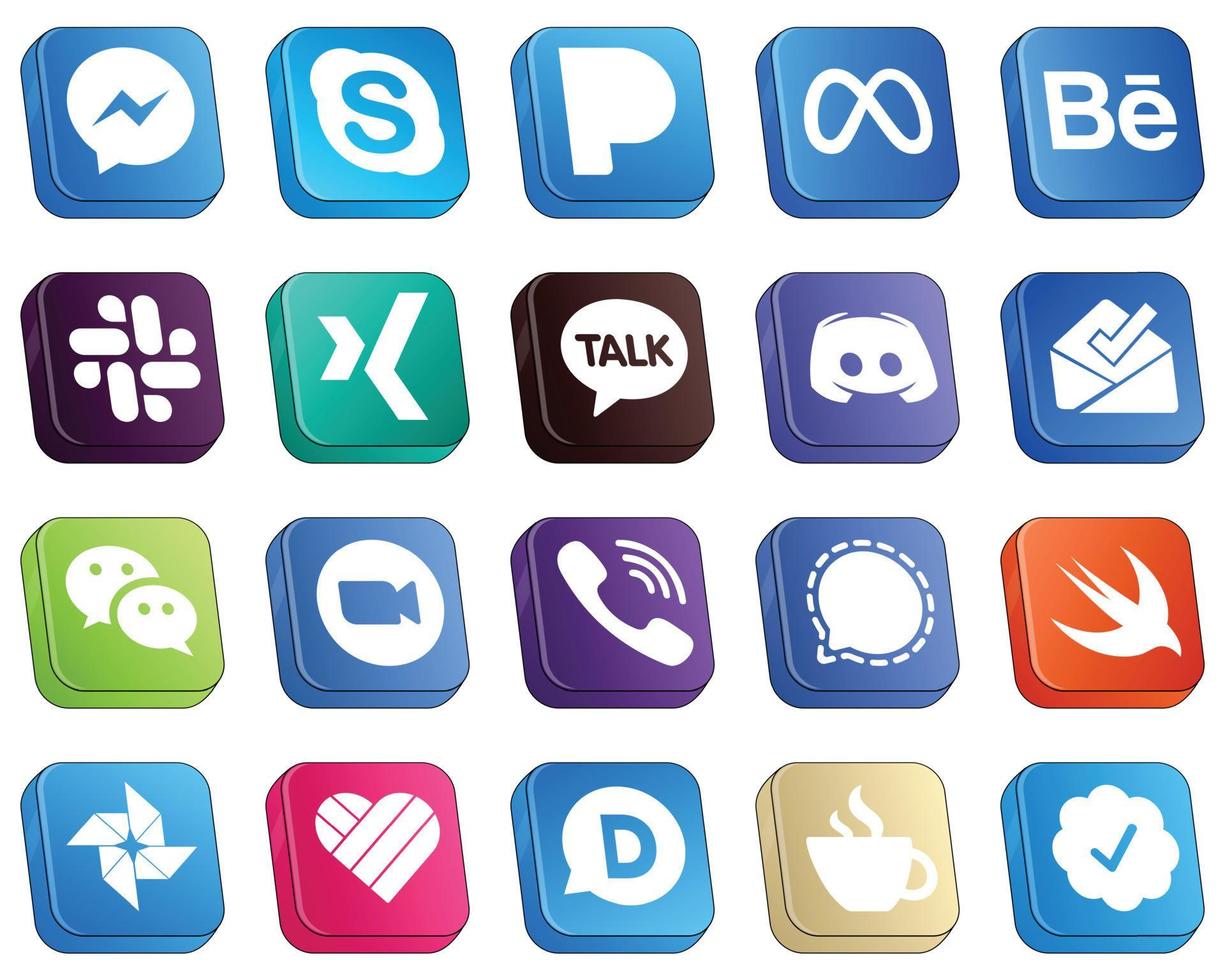 20 icônes 3d isométriques des principales plateformes de médias sociaux telles que wechat. behance. icônes de texte et de discorde. polyvalent et haut de gamme vecteur