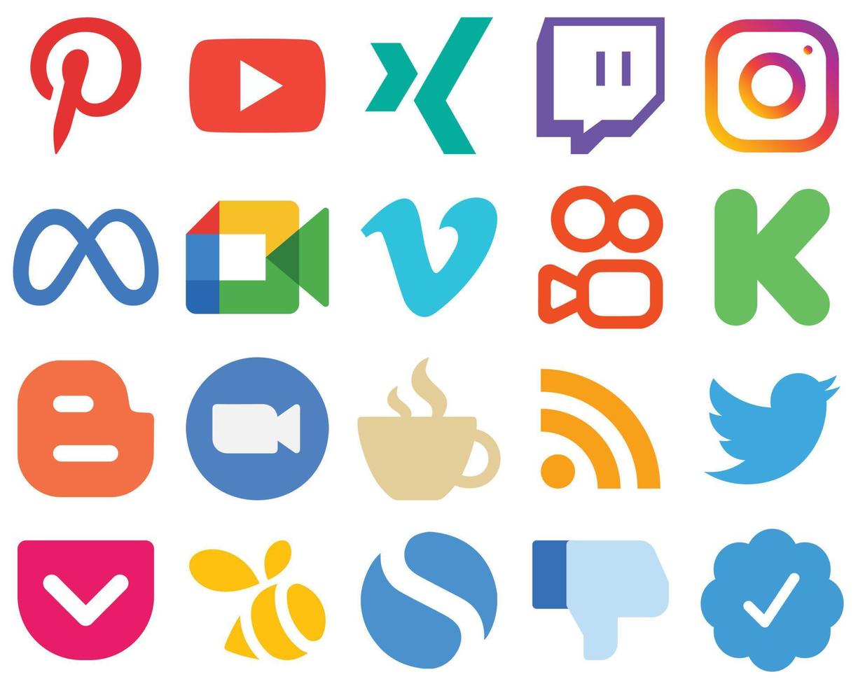 20 icônes plates de médias sociaux pour un financement moderne de l'interface utilisateur. kuaishou. icônes méta et vidéo. jeu d'icônes dégradé élégant vecteur