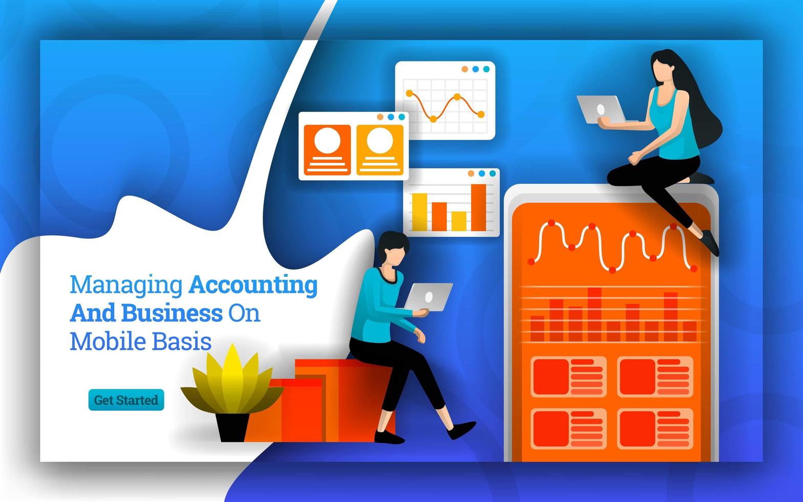 statistiques comptables simplifiées pour gérer la comptabilité et les affaires sur une base mobile. Les logiciels et applications de comptabilité facilitent la gestion de la comptabilité pour les entreprises personnelles et à domicile. style de vecteur plat