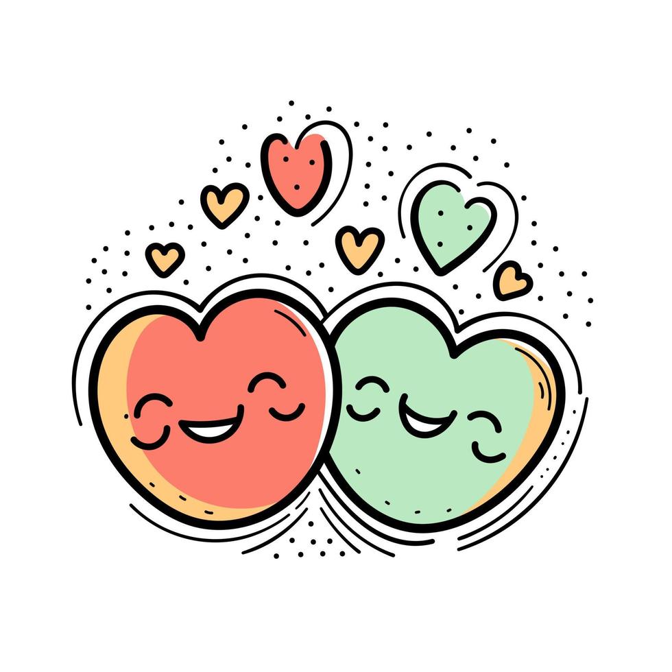 main dessinée saint valentin couple de coeurs souriant amour doodle dessins saint valentin kawaii dessin animé illustration vecteur