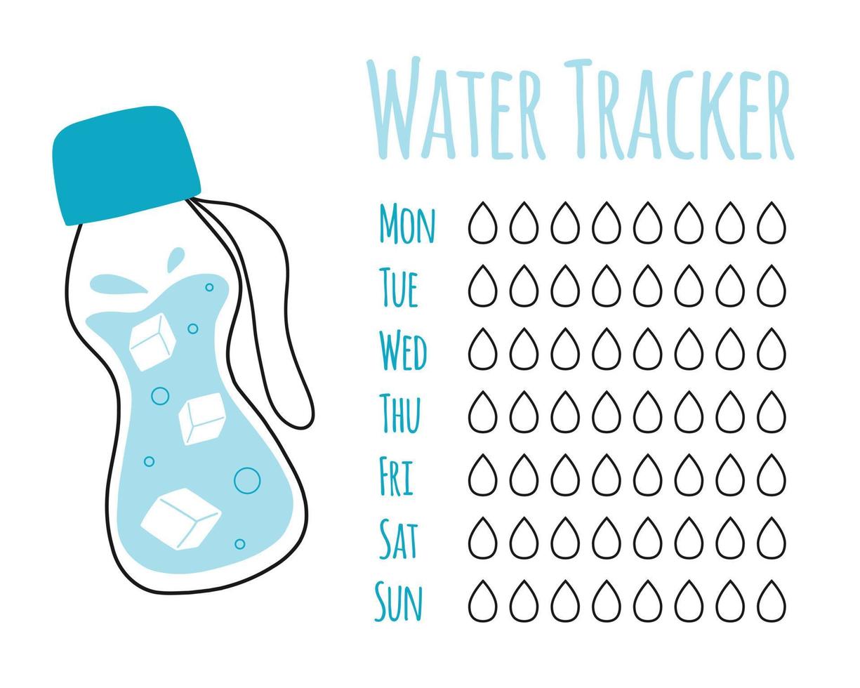 modèle de vecteur de suivi de l'eau. . liste de contrôle de l'eau potable. traqueur d'eau avec bouteille d'eau fraîche. illustration vectorielle. style de griffonnage.