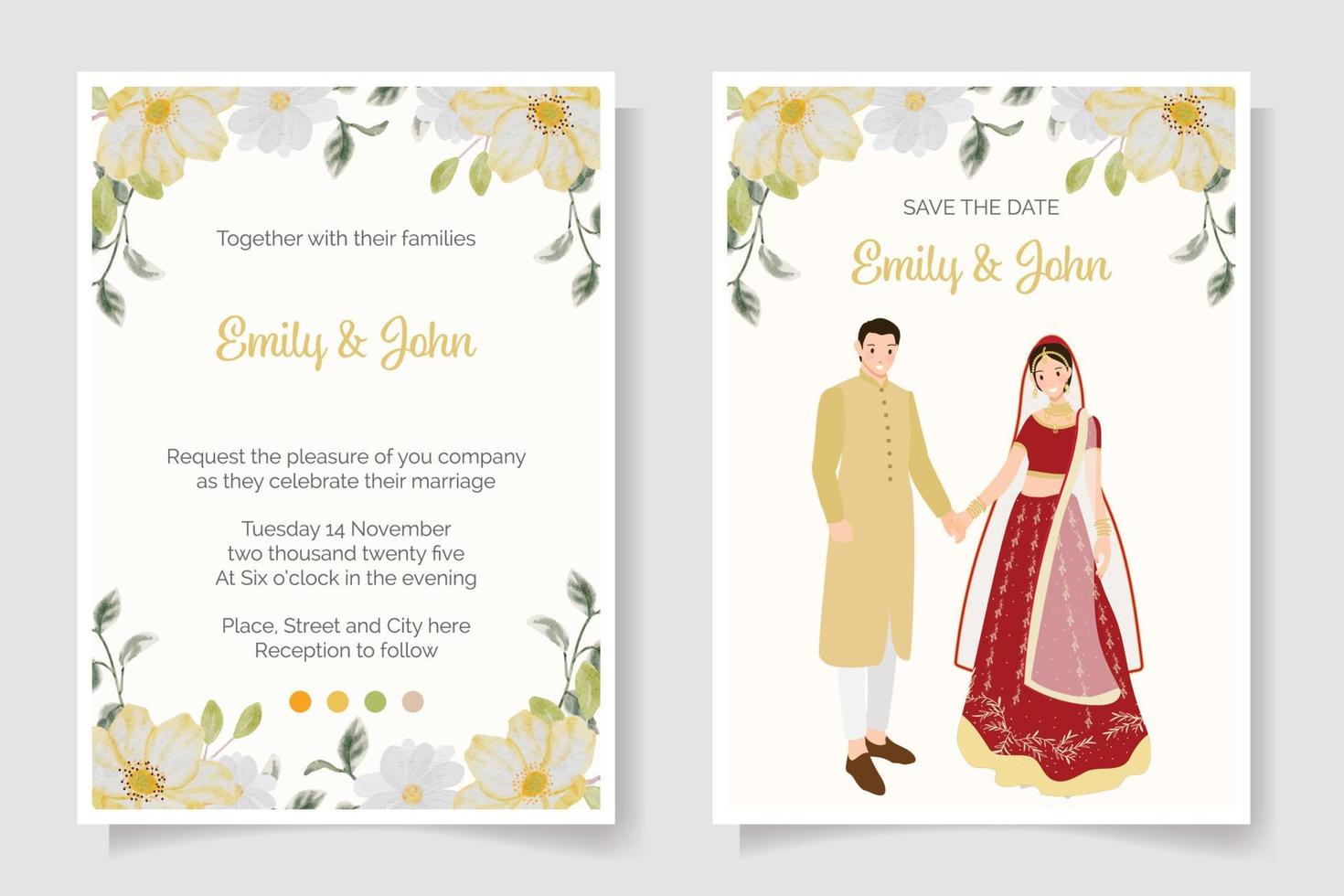 jeune couple de mariage indien en robe rouge aquarelle bouquet de fleurs cadre invitation de mariage vecteur