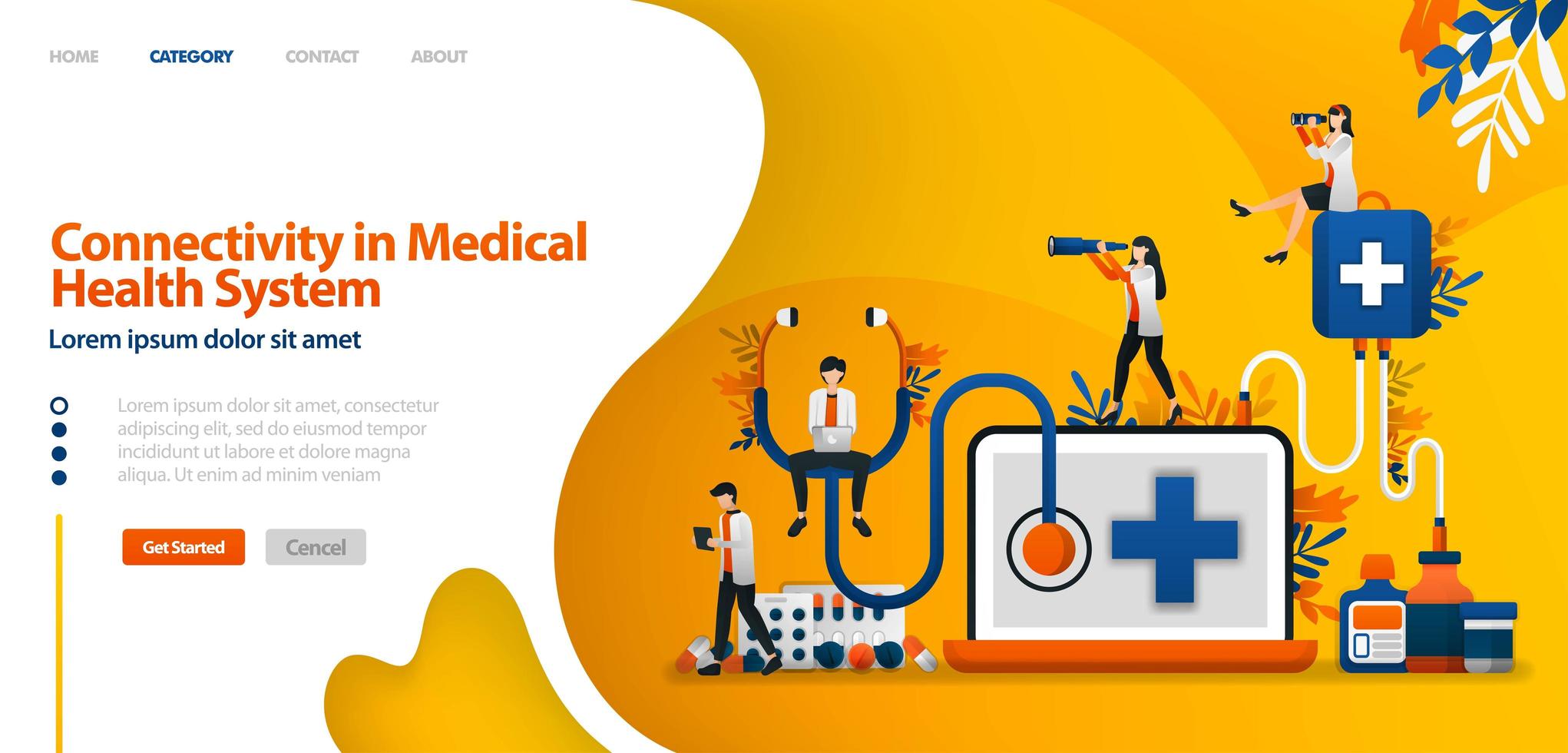 connectivité dans le système de santé médicale. logiciel dans le service des médicaments et l'historique des patients. le concept d'illustration vectorielle peut être utilisé pour la page de destination, le modèle, l'interface utilisateur, le web, l'application mobile, l'affiche, la bannière, le site Web vecteur