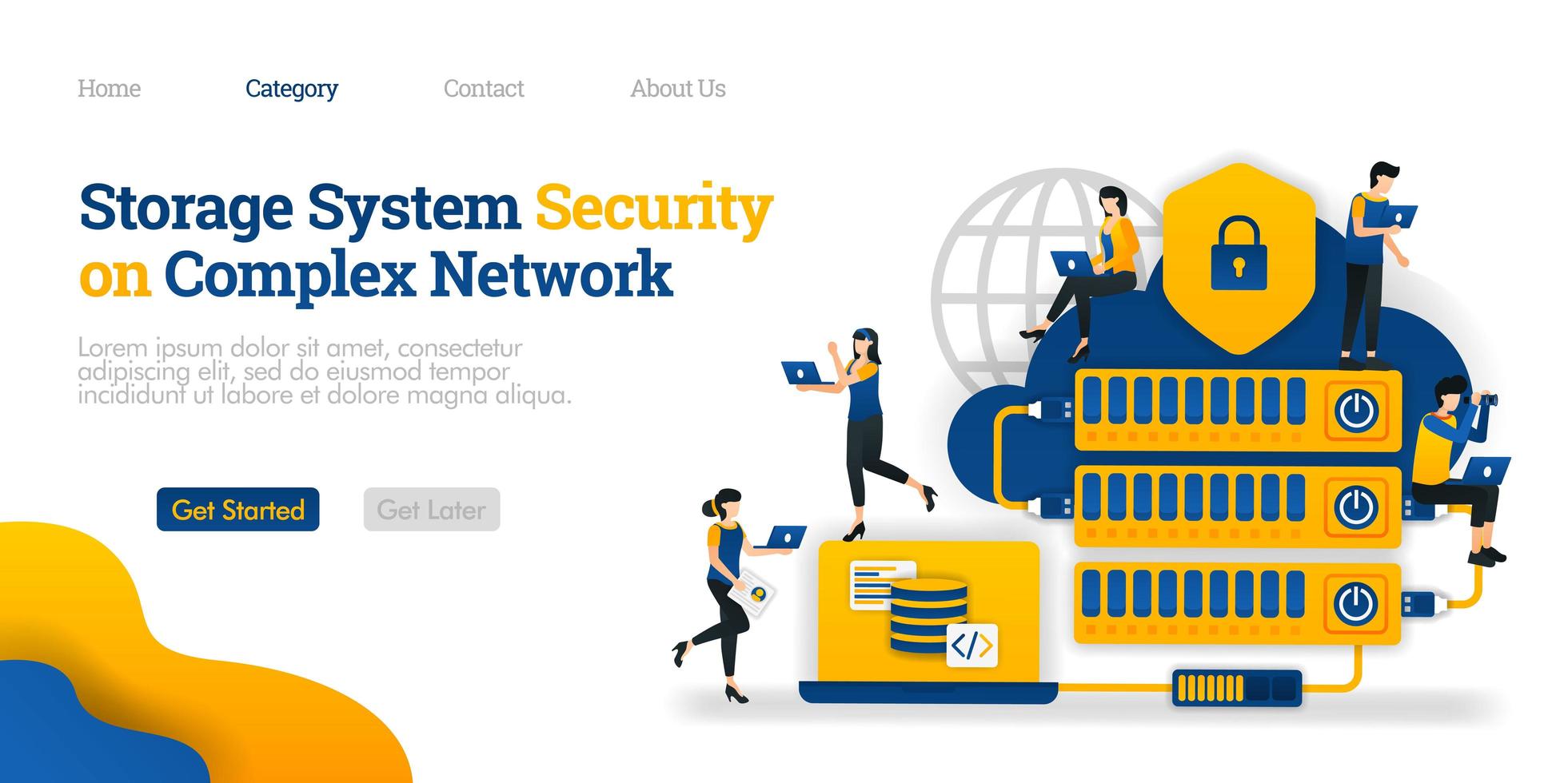 sécurité du système de stockage dans un réseau complexe. l'hébergement rendu compliqué pour la sécurité des données. concept d'illustration vectorielle plane, peut utiliser pour, page de destination, modèle, interface utilisateur, web, page d'accueil, affiche, bannière, flyer vecteur