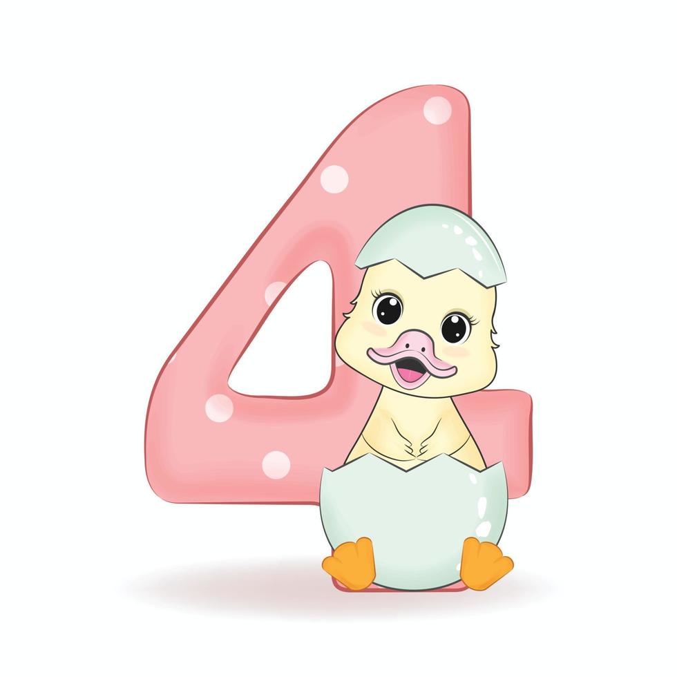 mignon petit canard avec l'alphabet numéro 4 vecteur