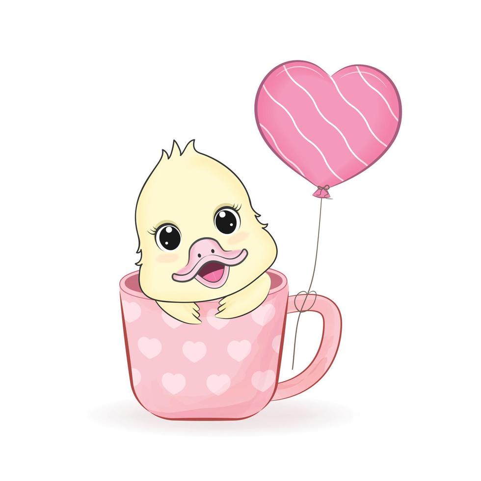 canard mignon dans une tasse et une illustration de dessin animé de ballon coeur vecteur