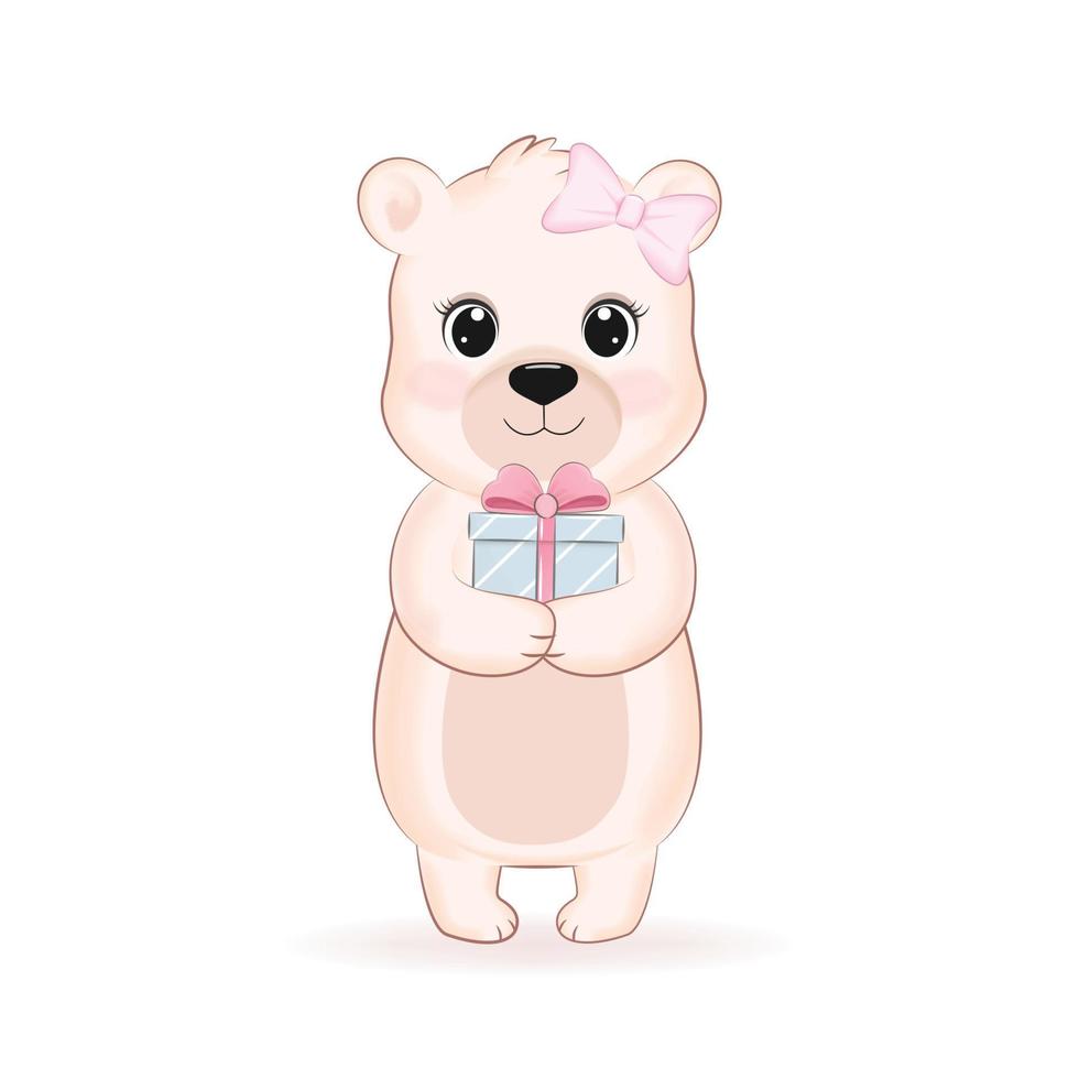 mignon petit ours tenant une boîte cadeau dessin animé illustration dessinée à la main vecteur