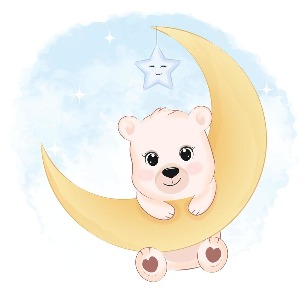 mignon petit ours sur l'illustration de dessin animé animal lune vecteur