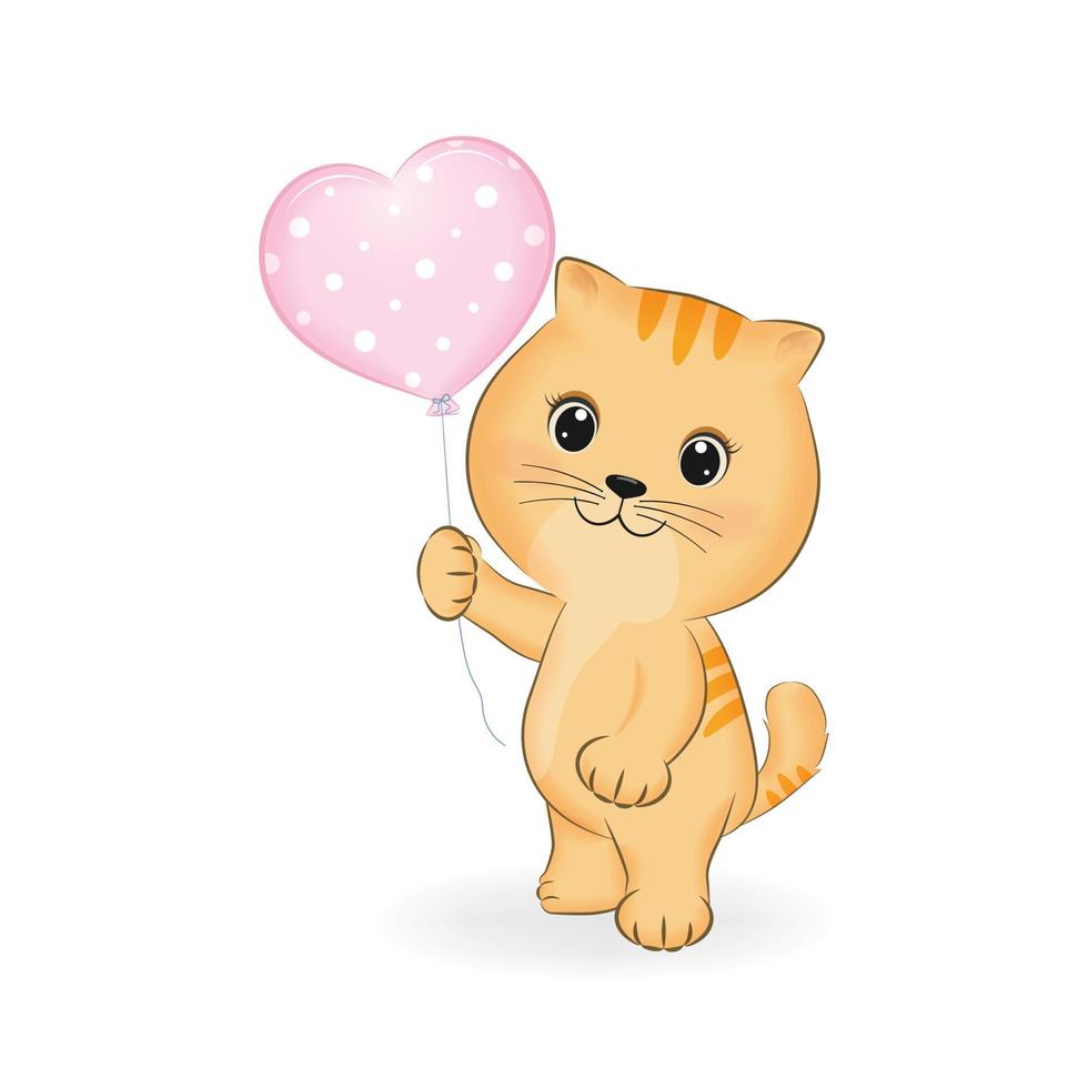 mignon petit chat orange et ballon coeur illustration de dessin animé animal vecteur