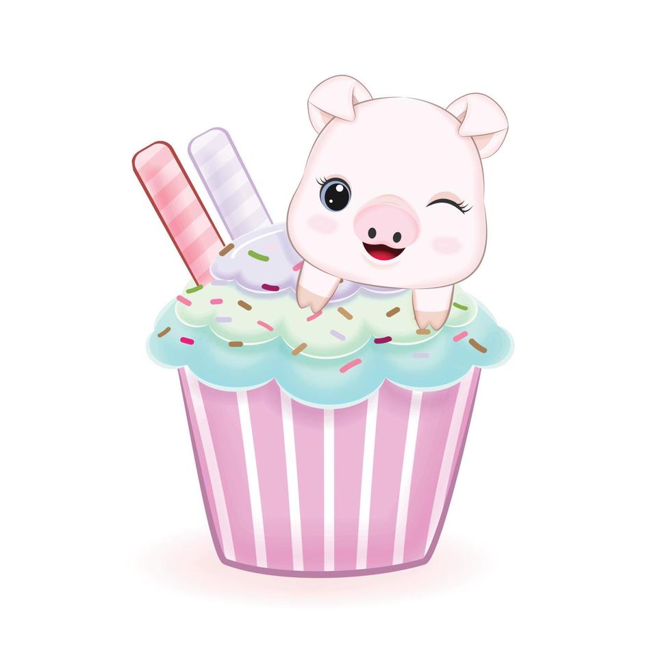 illustration aquarelle de dessin animé mignon petit cochon et cupcake vecteur