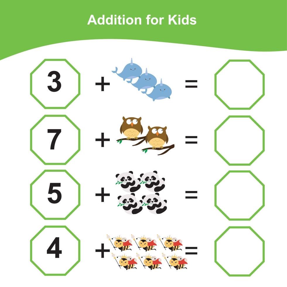 feuille de mathématiques pour enfants. feuille de travail mathématique imprimable éducative. écrire une activité de réponse pour les enfants. fichier vectoriel. vecteur