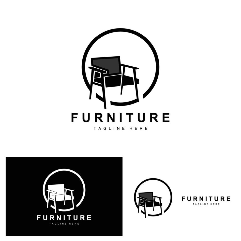 logo de meuble, design d'ameublement, illustration d'icône de chambre, table, chaise, lampe, cadre, horloge, pot de fleur vecteur