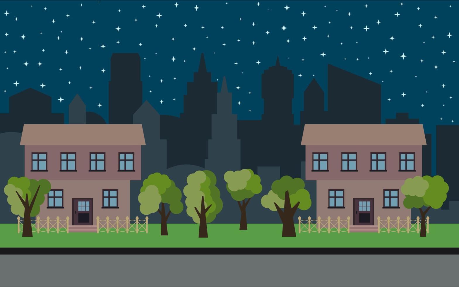 ville vectorielle avec deux maisons de dessin animé à deux étages et des arbres verts la nuit. paysage urbain d'été. vue sur la rue avec paysage urbain en arrière-plan vecteur