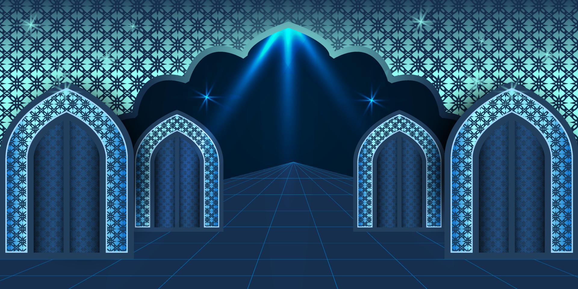 ramadan kareem concept bannière 3d cadre doré fenêtre arabe sur beau fond beau modèle arabe illustration vectorielle suspendus croissant de lune doré et étoiles coupées en papier aux nuages pour le texte vecteur