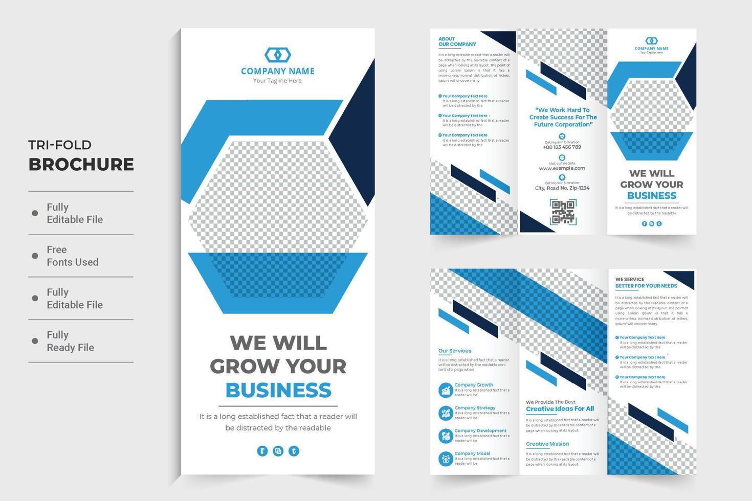 conception de brochure promotionnelle à trois volets d'entreprise moderne avec des formes hexagonales abstraites. vecteur de brochure créative à trois volets avec des couleurs bleues et sombres. conception de brochure publicitaire d'agence de marketing.
