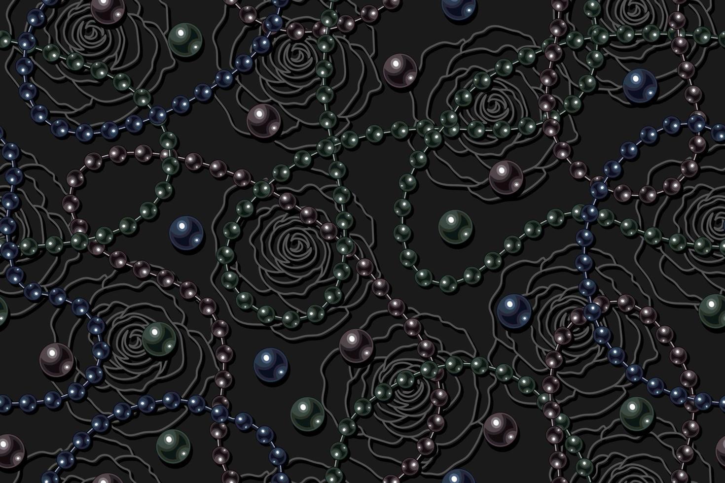 modèle sans couture avec des perles de perles foncées, des chaînes de perles noires, des roses de contour sur fond noir. lignes ondulées, couleurs noires classiques des perles. illustration vectorielle vecteur