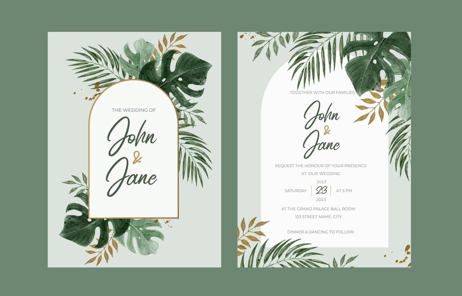 invitation de mariage avec des feuilles tropicales aquarelles vecteur