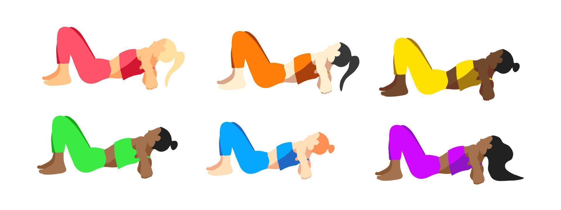 collection de poses de yoga. européen, africain, asiatique. femme femme fille. illustration vectorielle dans un style plat de dessin animé isolé sur fond blanc. couleurs lgbt. vecteur