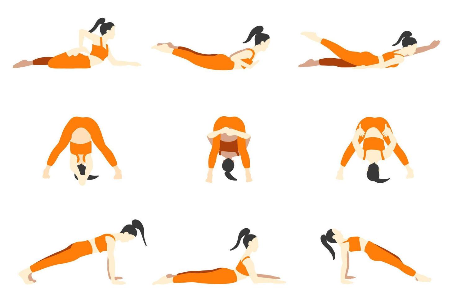 collection de poses de yoga. femme asiatique femme fille. illustration vectorielle dans un style plat de dessin animé isolé sur fond blanc. vecteur