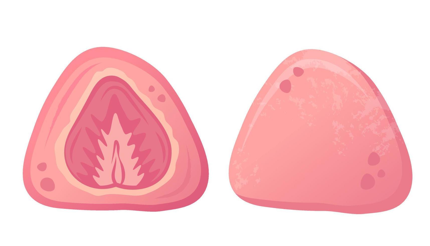 mochi savoureux rose aux fraises. gâteaux japonais entiers et demi à base de farine de riz. illustration vectorielle dessinée à plat pour les plats de restaurant, le menu, le dessert, le concept de cuisine vecteur