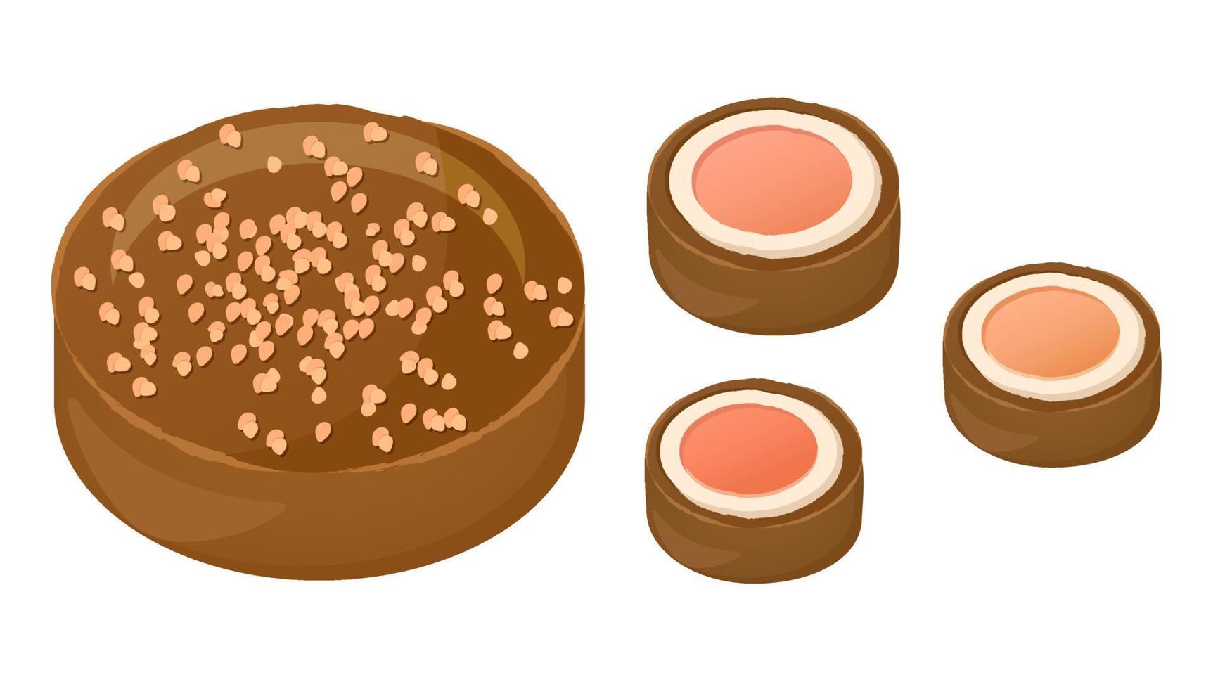 ensemble de savoureux biscuits au riz et tarte sucrée collante avec des graines de sésame sur le dessus. dessert chinois. illustration vectorielle dessinée à plat pour les plats de restaurant, le menu, les bonbons, le concept de cuisine vecteur