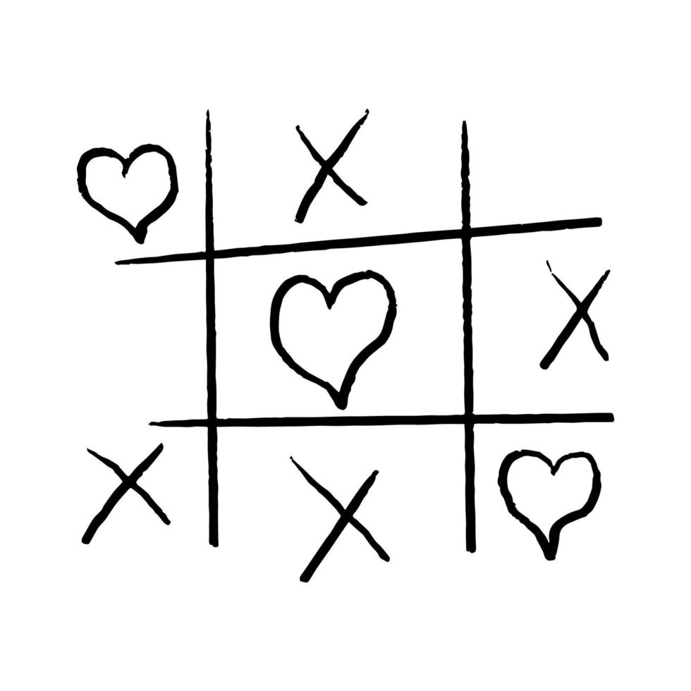 jeu de doodle tic tac toe avec croix et signe de cercle, marque de coeur mignon isolé sur fond blanc. . illustration vectorielle vecteur