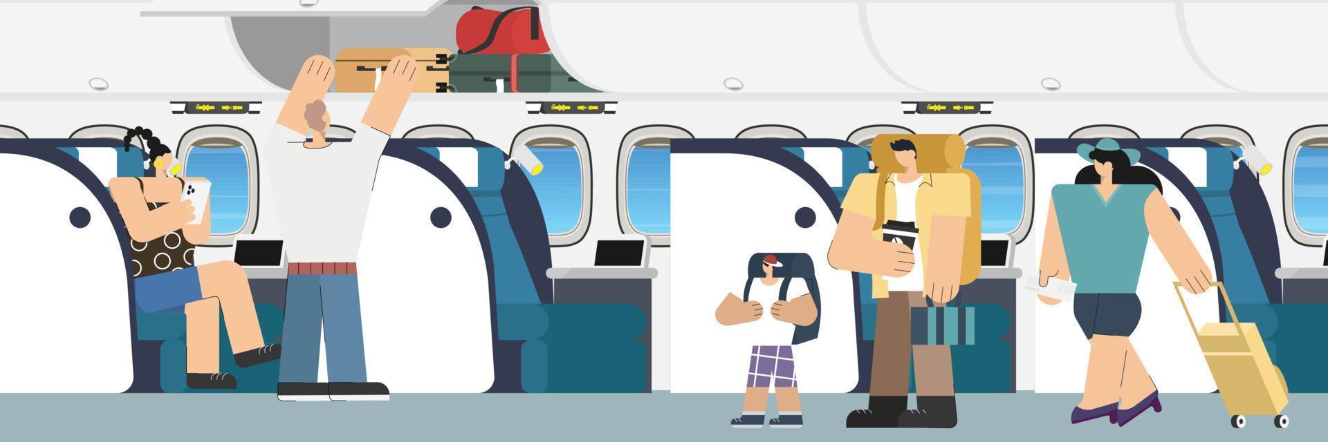 les passagers embarquant dans l'avion pour s'asseoir sur des chaises dans la cabine de classe affaires de l'avion pendant le vol aérien. vue latérale des personnes embarquant voyageant en avion vecteur