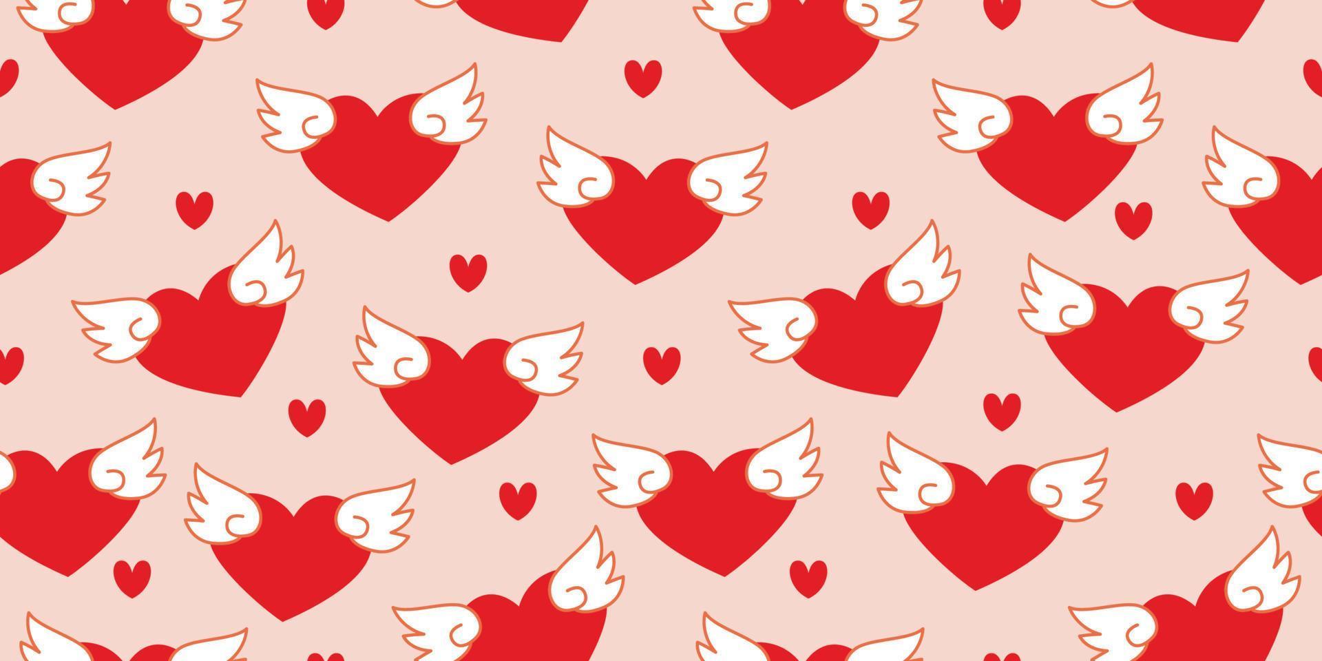 beau motif rose. coeur avec une illustration de dessin animé d'ailes. coeur voler avec des ailes d'ange dans un style doodle. coeur mignon pour décorer la carte de mariage pour la saint-valentin et le concept d'amour. vecteur