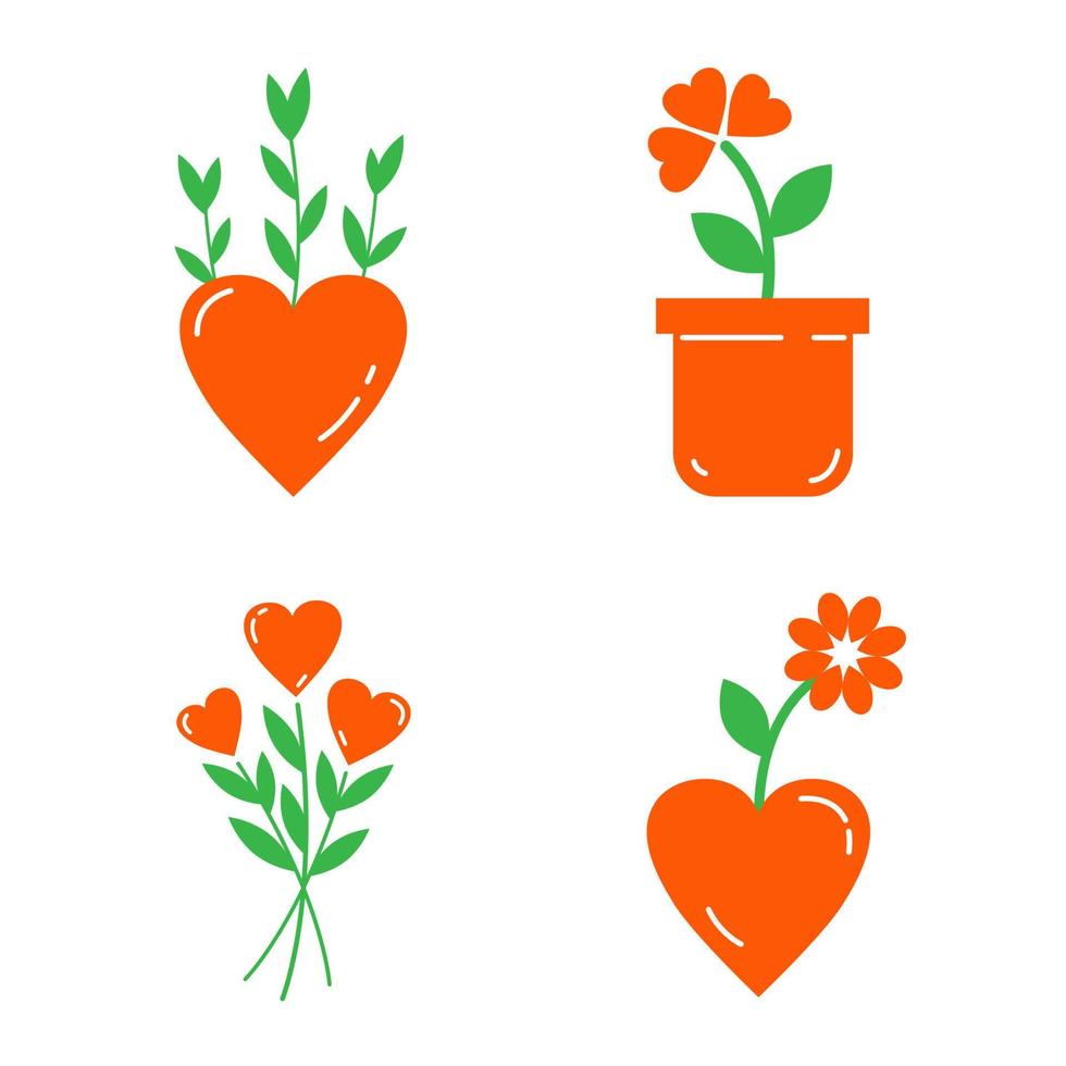 ensemble d'icônes de coeurs. illustration vectorielle. fleur de coeurs en pot, choux et plante d'amour, bouquet romantique. le concept d'amour et de sentiments naissants pour la saint-valentin. vecteur