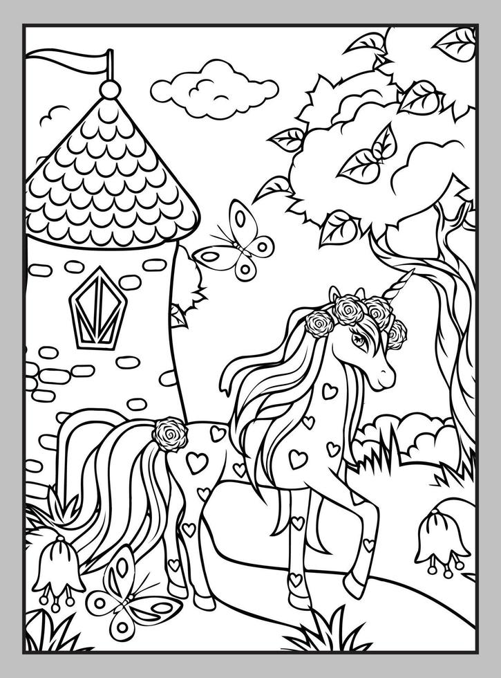 licorne mignonne avec un papillon sur une pelouse d'été. coloriage. vecteur