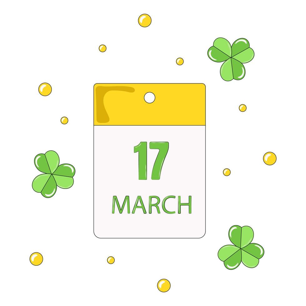 calendrier avec date du 17 mars rappel de la saint patrick et feuilles de trèfle vecteur