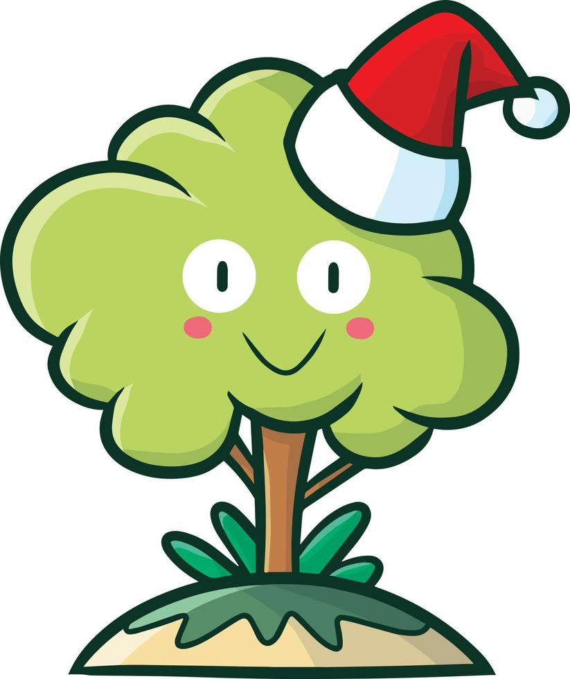 personnage de dessin animé mignon arbre portant le chapeau du père noël vecteur