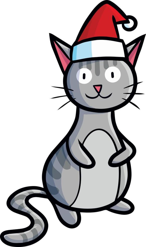 drôle de chat gris debout et portant le bonnet du père noël vecteur
