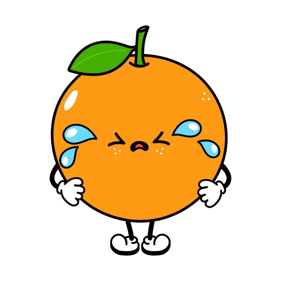 mignon drôle pleurant triste personnage de fruit orange. vecteur dessin animé traditionnel dessiné à la main vintage, rétro, icône d'illustration de personnage kawaii. fond blanc isolé. pleurer le concept de caractère de fruit orange